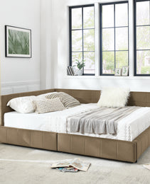 Queen Size Storage Upholstered Tufted Bed Frame, Sofa Bed Frame With Comfortable Backrest And Armrests, Queen Size Bed For Bedroom, Living Room,Velvet, BROWN 85.5x64.5x29.5