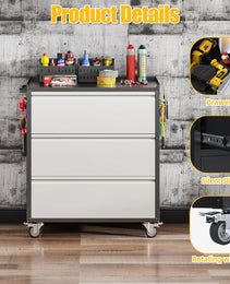 Aobabo Metal Garage Tool Storage Cabinets With Wheels, Steel Cabinet With Drawer, 3 Drawers Rolling Tools Chest Cabinet For Garage, Warehouse, Assembly Required, Black Grey