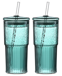 20 Oz 2-pack Green Glass Straw Cup With Vertical Pattern Cup And Lid, High Borosilicate Heat-resistant Glass Cup For Juice, Milk And Cold Drinks