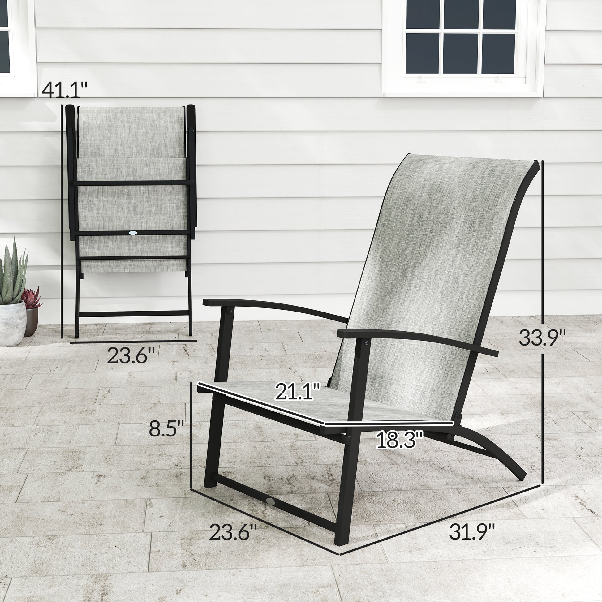 Set Of 2 Outdoor Dining Chairs With High Back, Armrests, Folding Patio Chairs For Patio, Lawn, Camping, Gray