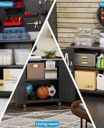 SUXXAN Metal Storage Cabinet With Wheels, Rolling Storage Cabinet With 2 Doors And Adjustable Shelves, Pegboard And 4 Hooks, Suitable For Garage, Home, Office, School, Black