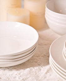 Dandilion Bone China Dinnerware Set, 16 Pieces, Service For 4, Plates, Dishes, Bowls Set, Microwave And Dishwasher Safe, Ivory White With Radial Lines