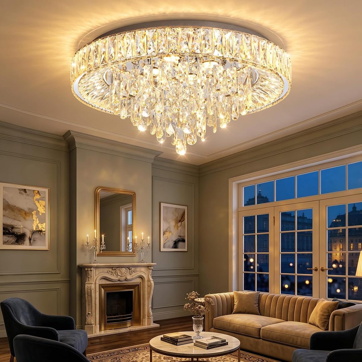 23.6" Modern Crystal Chandeliers LED Dimmable Flush Mount Ceiling Chandeliers for Living Room Entrance Foyer Bedroom Silver