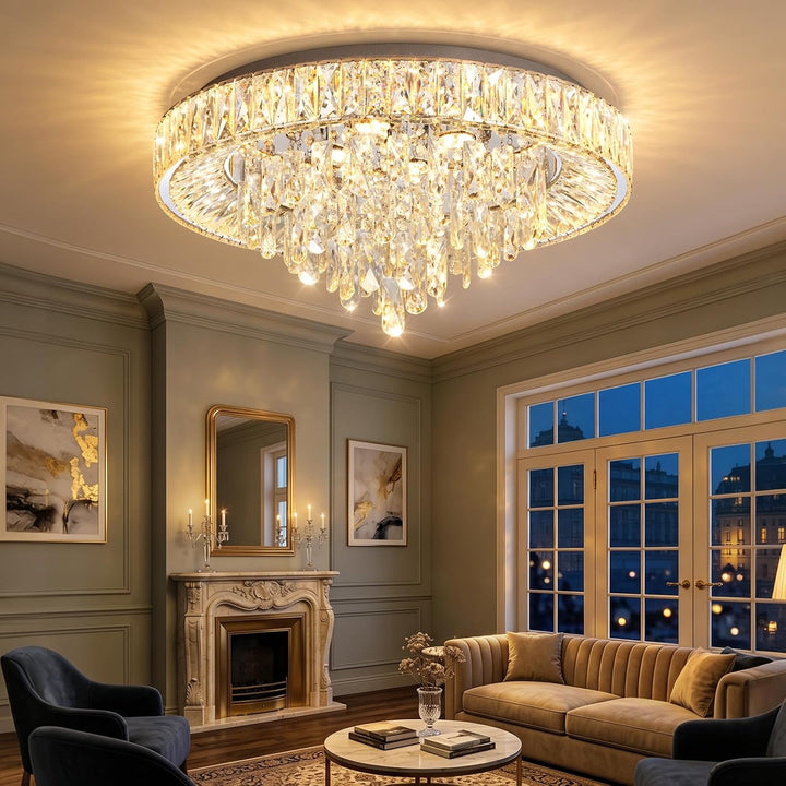 23.6" Modern Crystal Chandeliers LED Dimmable Flush Mount Ceiling Chandeliers for Living Room Entrance Foyer Bedroom Silver
