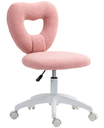 Armless Computer Desk Chair, Office Task Chair, Teddy Fleece Heart Makeup Vanity Chair with Swivel Wheels, Pink