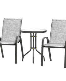 3 Pieces Bistro Set, Small Patio Furniture Set With Stackable Chairs And Glass Table For Backyard, Balcony, Gray