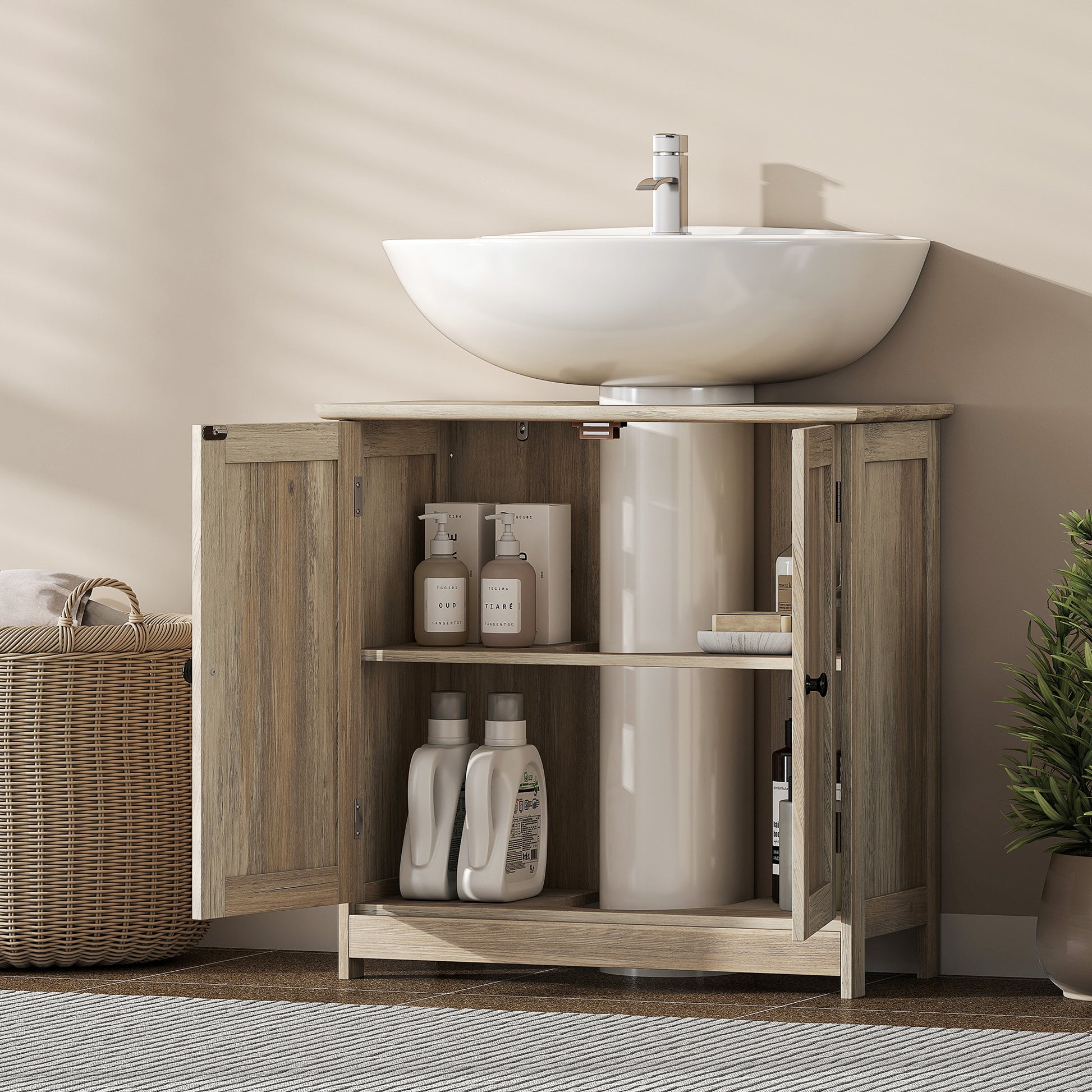 Bathroom Vanity Cabinet, Under Sink Bathroom Cabinet with 2 Doors and Adjustable Shelf, Weathered Gray Oak