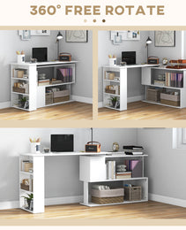 360° Rotating Home Office Desk L Shaped Corner Computer Desk with Storage Shelves, Writing Table Workstation, White