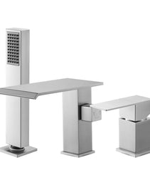 Roman Tub Faucet, 3 Hole Waterfall Bathtub Faucet, Roman Bathtub Faucets Set With Shower Head & 1 Handle, Deck Mount Bath Tub Faucets Set For Adult Bathing, Brushed Stainless Steel, Drip-Free