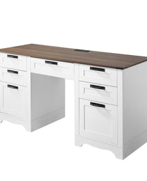 Executive Desk, Farmhouse Office Table With Charging Station, Heavy Duty Particle Board Executive Table With Storage Drawers, 200 LBS Load Capacity, Easy Assembly, For Work Study Writing, Walnut