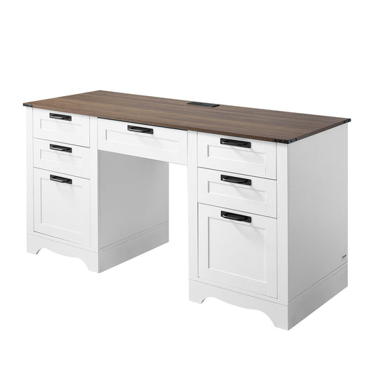 Executive Desk, Farmhouse Office Table With Charging Station, Heavy Duty Particle Board Executive Table With Storage Drawers, 200 LBS Load Capacity, Easy Assembly, For Work Study Writing, Walnut