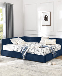 Full Size Storage Upholstered Tufted Bed Frame, Sofa Bed Frame With Comfortable Backrest And Armrests, Full Size Bed For Bedroom, Living Room,Velvet, DARK BLUE 80.5x59x29.5