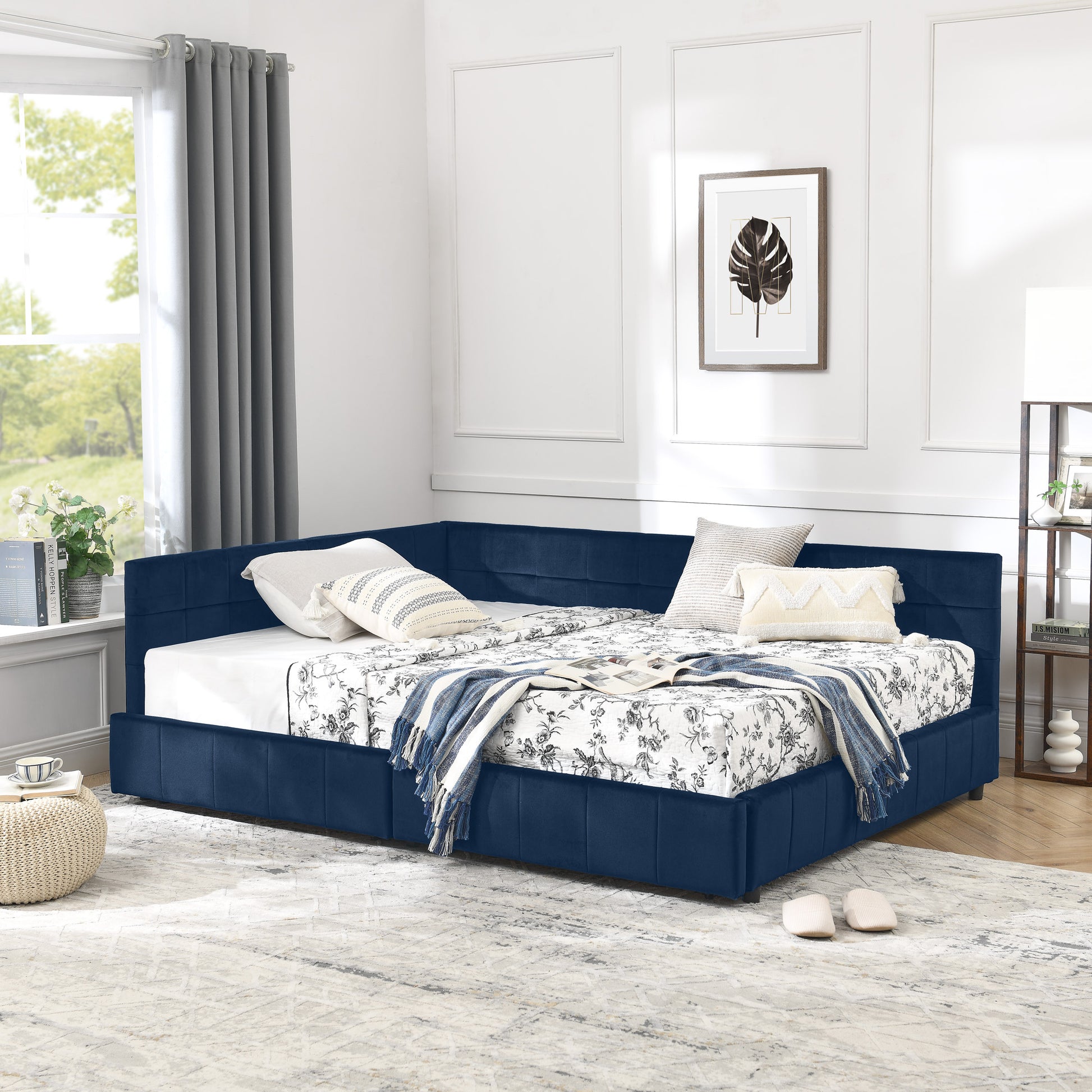 Full Size Storage Upholstered Tufted Bed Frame, Sofa Bed Frame With Comfortable Backrest And Armrests, Full Size Bed For Bedroom, Living Room,Velvet, DARK BLUE 80.5x59x29.5