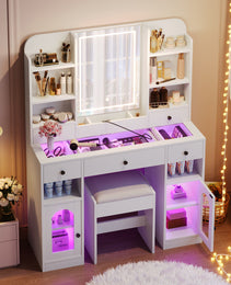 43.2 Vanity Desk With LED Mirror And Lights, Glass Top Vanity With RGB Glass Light Cabinets, Dressing Table With 5 Drawers ,Storage Shelves And Stool For Bedroom, White - CJDS