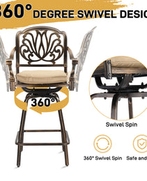 2pcs Bronze Color, Beige Cushion, Cast Aluminum Bar Stool