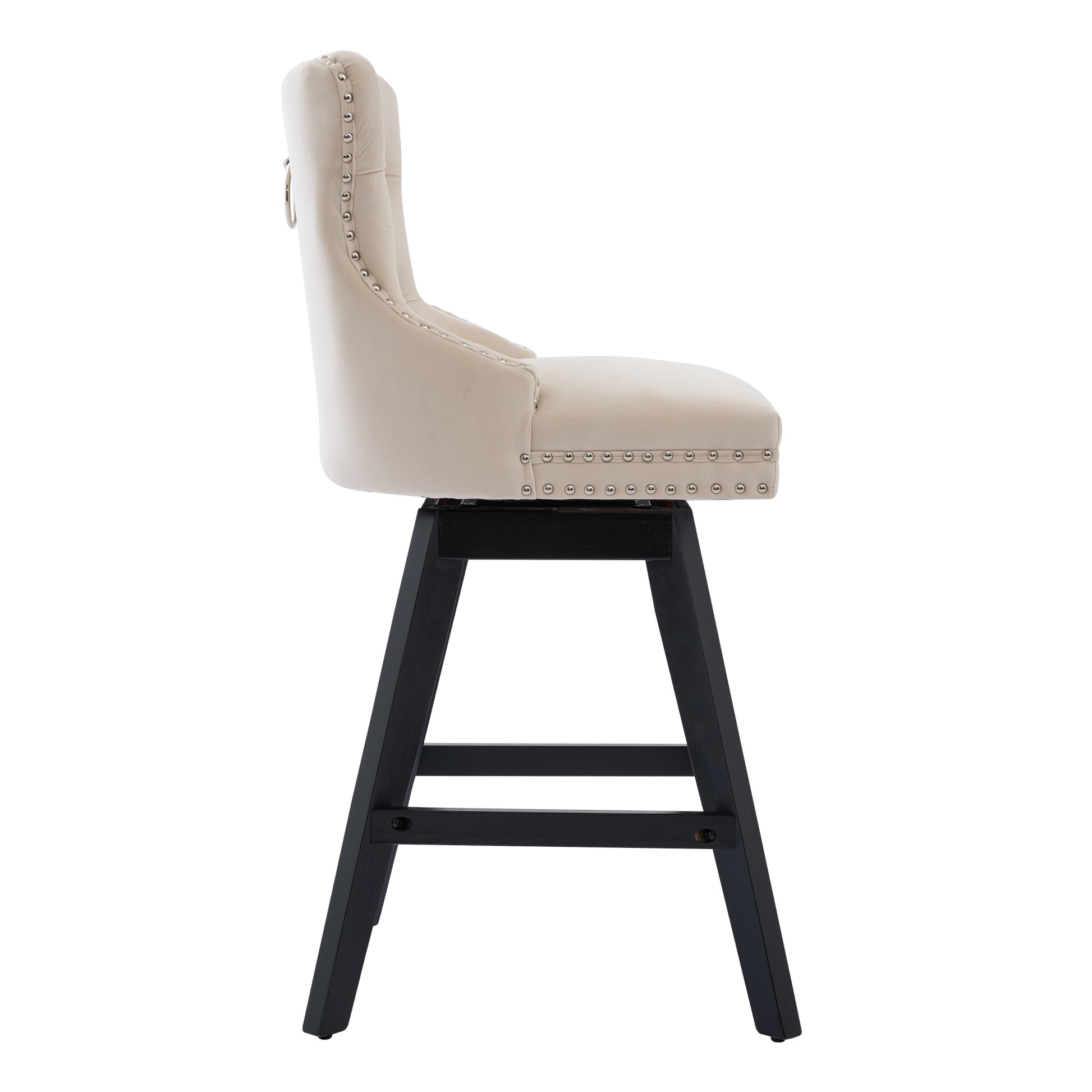 Swivel Velvet Barstools With Button Tufted Decoration And Wooden Legs, And Chrome Nailhead Trim, Leisure Style Bar Chairs,Bar Stools, Set Of 2  Beige,SW1860BG