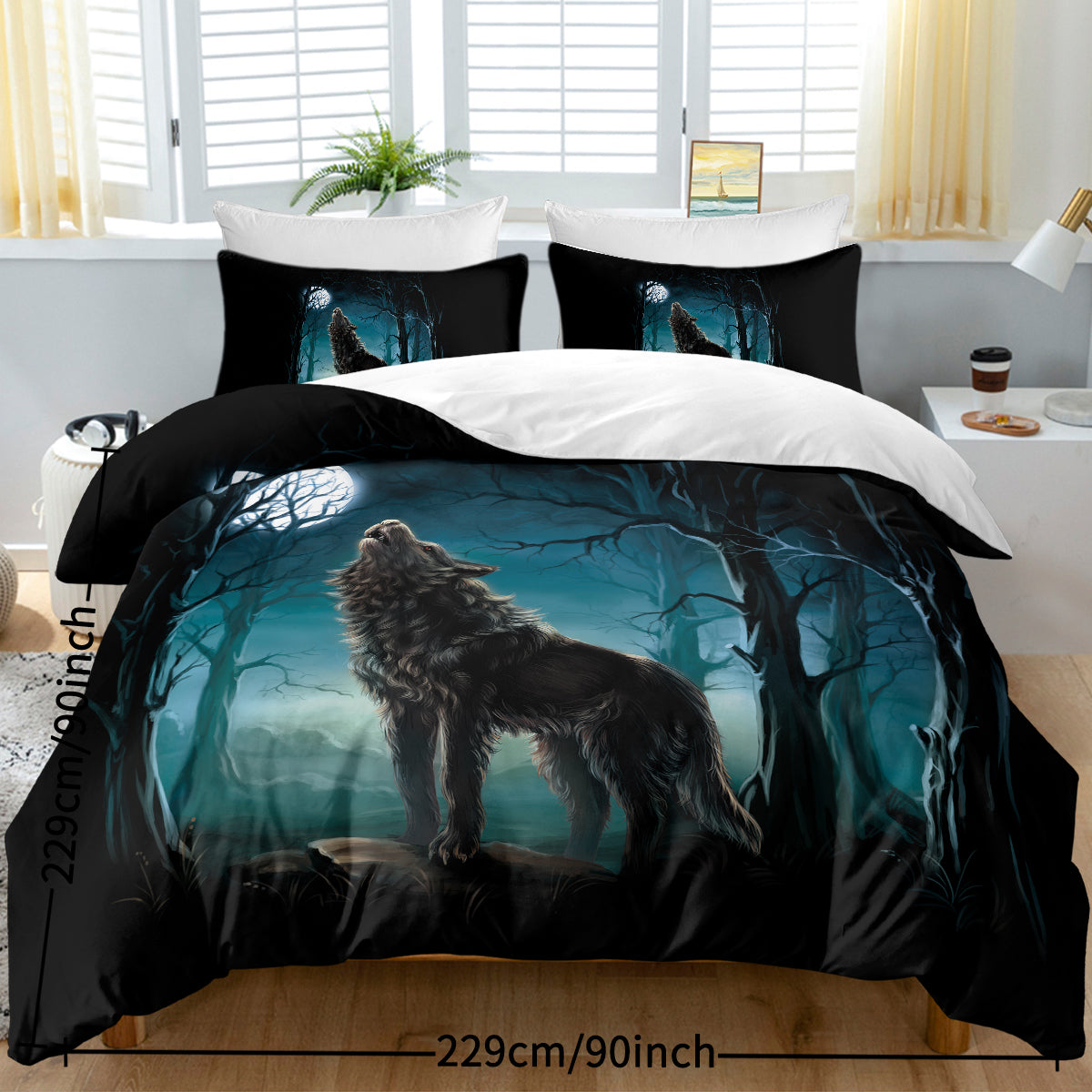 Moon Wolf Bedding Green Watercolor Forest Wolf Landscape Duvet Cover Sets 3 Pieces Wild Animal Bedding Set Twin Full Queen King Size