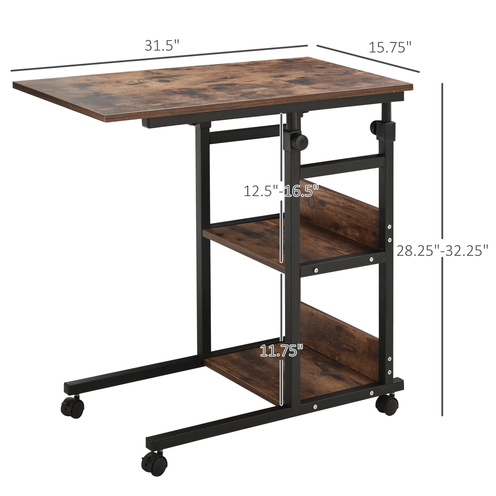 Mobile Nightstand Adjustable 3-Tier C-Shaped Side Table With Casters