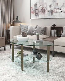 Transparent Oval Glass Coffee Table Modern Table Wood Leg Tea Table 3-layer
