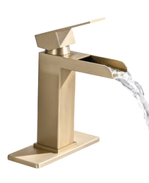 Waterfall Bathroom Faucet Brushed Gold Single Handle Bathroom Sink Faucets 1 Or 3 Hole Solid Vanity Faucet With Deck Plate & Overflow Pop Up Drain Brushed Gold