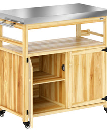Outdoor Grill Cart w/ Stainless Steel Top, Solid Wood Outdoor Kitchen Island w/ Wheels, Storage Cabinets, Natural Wood
