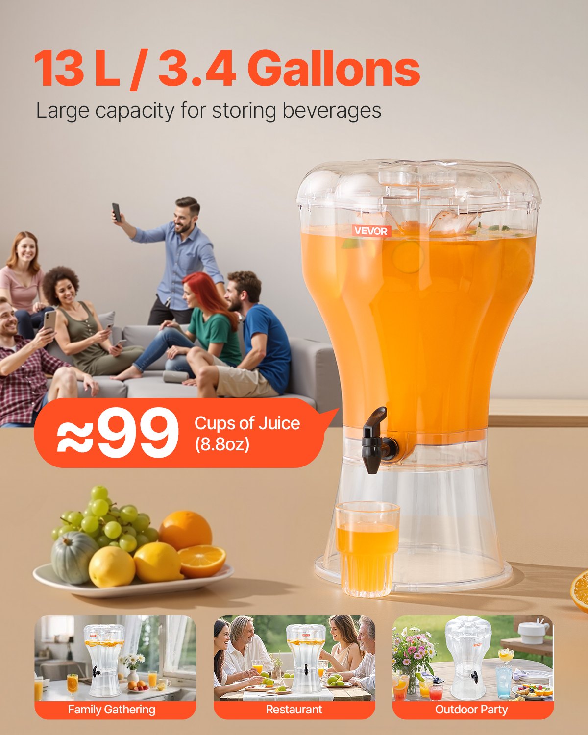 Drink Dispenser 3.4 Gal Beverage Dispenser For Parties Plastic With Spigot