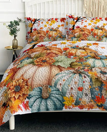 3PCS Colorful Oil Painting Pumpkin Pattern Quilt Set For All Seasons Flower Fall Leaves Bedding Set With 2 Pillowcases For Kids Adults Thanksgiving Day Gifts