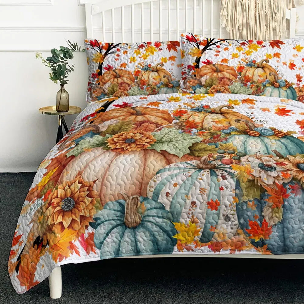 3PCS Colorful Oil Painting Pumpkin Pattern Quilt Set For All Seasons Flower Fall Leaves Bedding Set With 2 Pillowcases For Kids Adults Thanksgiving Day Gifts