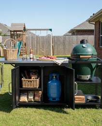 K&K 76.6  Outdoor Large Grill Cart With Storage Cabinet, Outdoor Kitchen Island With Steel Drop Leaf For Large Big Green Egg, Outdoor Grill Table With Adjustable Shelf & Hooks & Bottle Opener For BBQ