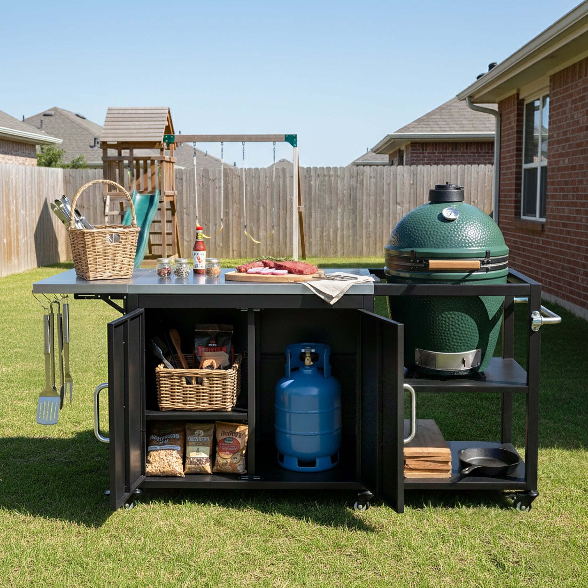 K&K 76.6  Outdoor Large Grill Cart With Storage Cabinet, Outdoor Kitchen Island With Steel Drop Leaf For Large Big Green Egg, Outdoor Grill Table With Adjustable Shelf & Hooks & Bottle Opener For BBQ
