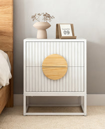 Modern Mid Century Fluted Nightstand With 2 Drawers And Pine Wood Handles For Bedroom