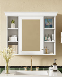 35'' X 28'' White Wall Mounted Bathroom Storage Cabinet With Mirror Door, Modern Bathroom Wall Cabinet With Mirror, Medicine Cabinet With 6 Open Shelves
