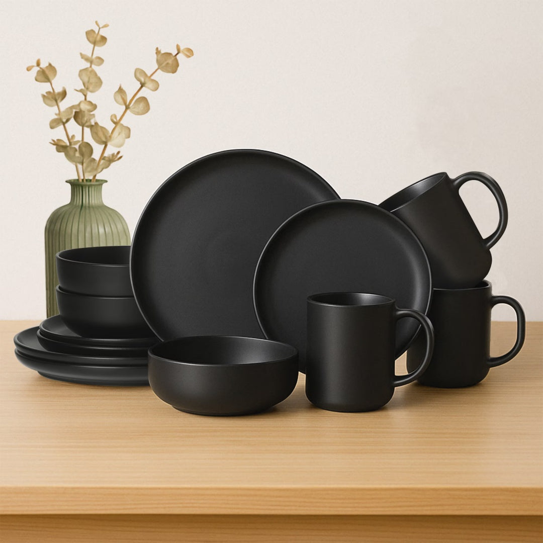 12-Piece Stoneware Dinnerware Sets With Mugs   Microwave & Dishwasher Safe    Non-Toxic Dinner Plates Bowls Set   Stackable Matte Glaze Kitchenware For 3,Black