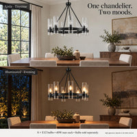 Teramo Black Wagon Wheel Chandelier, 26 Inch round Dining Room Light, Clear