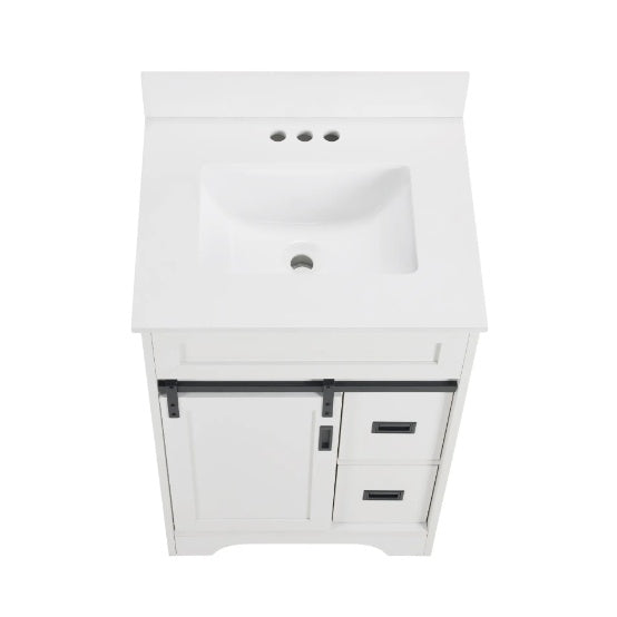24 Bathroom Vanity With Single Sink Combo, Farmhouse Undermount Bathroom Sink Cabinet With Sliding Barn Doors And 2 Drawers, Freestanding Bathroom Vanities,White