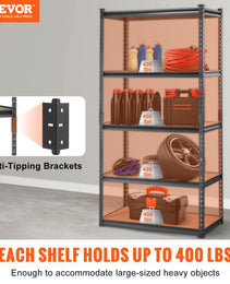 VEVOR Storage Shelving Unit, 5-Tier Adjustable, 2000 Lbs Capacity, Heavy Duty Garage Shelves Metal Organizer Utility Rack, Black,  For Kitchen Pantry Basement Bathroom Laundry
