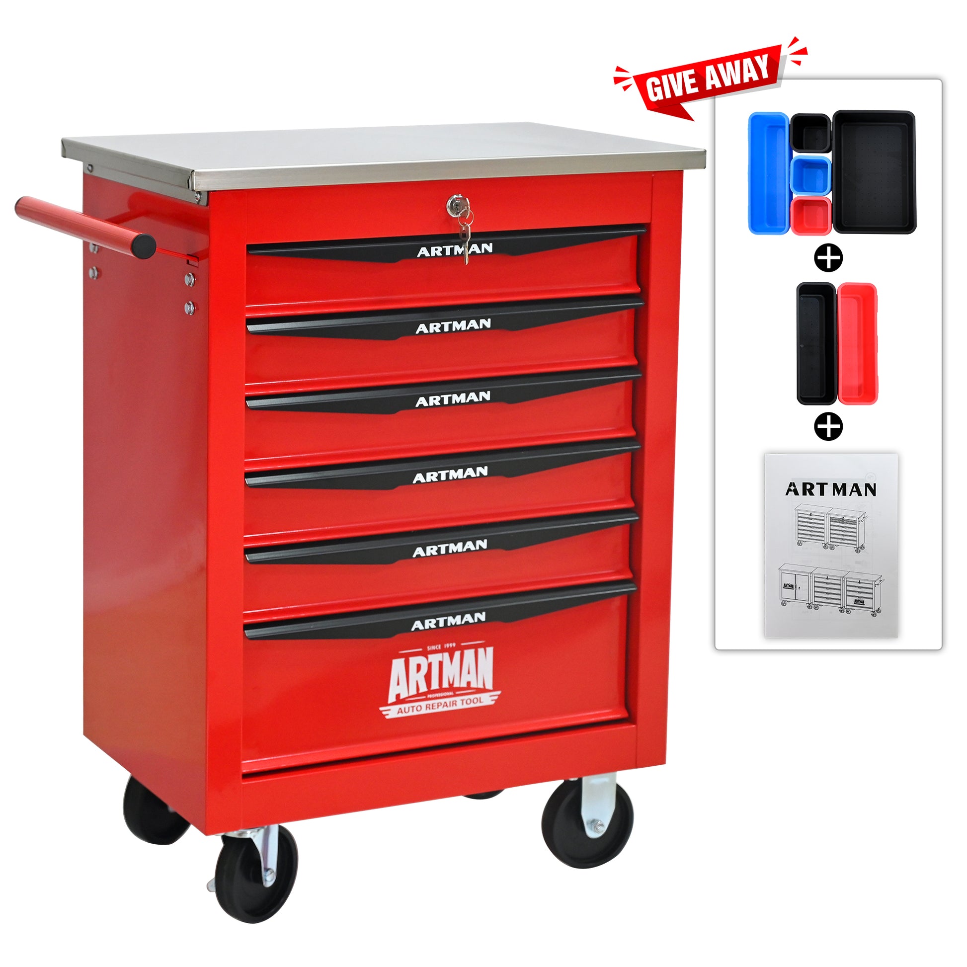 6 Drawers Multifunctional Tool Cart With Wheels,Metal Rolling Tool Cart Storage For Garage Workshop Warehouse Repair Shop--With Stainless Steel Roof- Red&Black