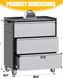 Aobabo Metal Garage Tool Storage Cabinets With Wheels, Steel Cabinet With Drawer, 3 Drawers Rolling Tools Chest Cabinet For Garage, Warehouse, Assembly Required, Black Grey