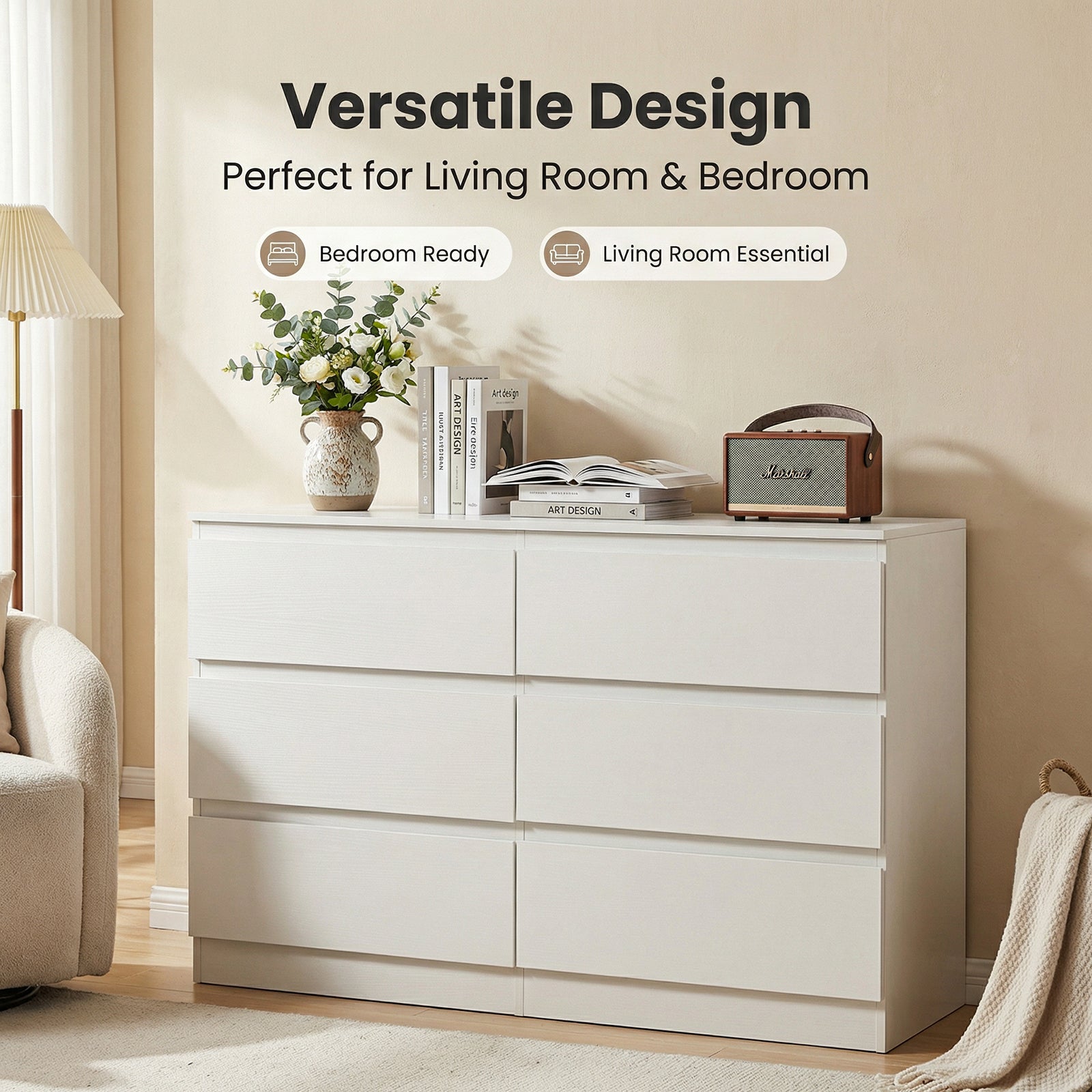 6 Drawer White Dresser, Modern Dresser For Bedroom With Spacious Countertop, Wood Storage Cabinet With Concealed Handles & 6 Deep Drawers For Bedroom, Living Room, Entryway, 15.7D X 47.2W X 30.9