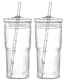 20 Oz 2-pack Glass Straw Cup With Vertical Pattern Cup And Lid, High Borosilicate Heat-resistant Glass Cup For Juice, Milk And Cold Drinks