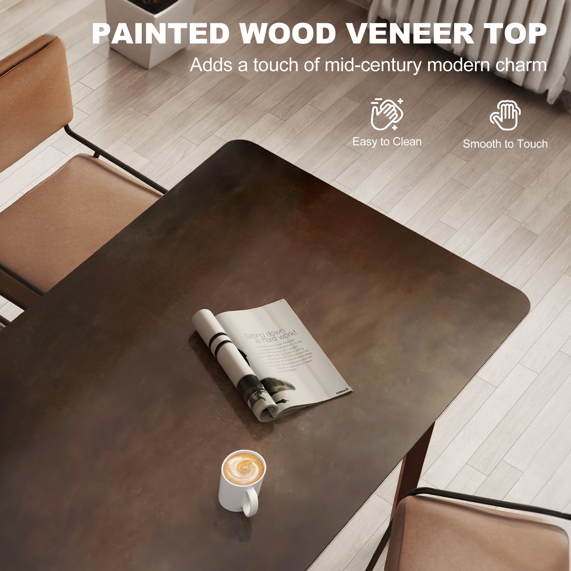 47.2 Rectangle Dining Table For 4, Mid-Century Modern Kitchen Table With Rubber Wood Frame For Dining Room, Mahogany