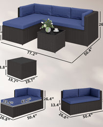 3 Piece Patio Furniture Set, Wicker Outdoor Patio Conversation Furniture Set with Cushions, Glass Top Table, Navy Blue