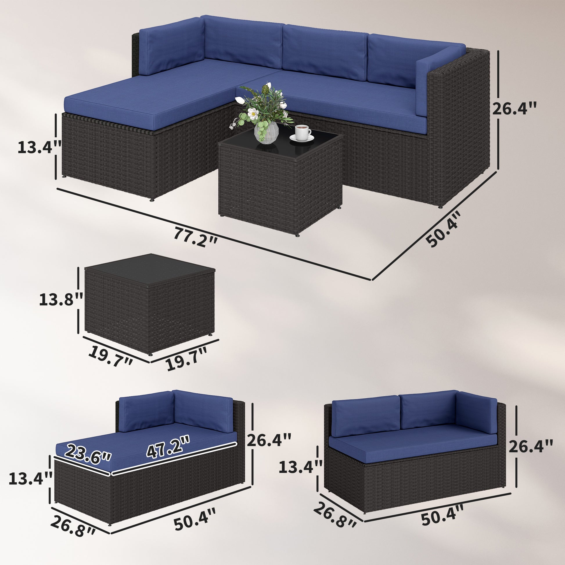 3 Piece Patio Furniture Set, Wicker Outdoor Patio Conversation Furniture Set with Cushions, Glass Top Table, Navy Blue