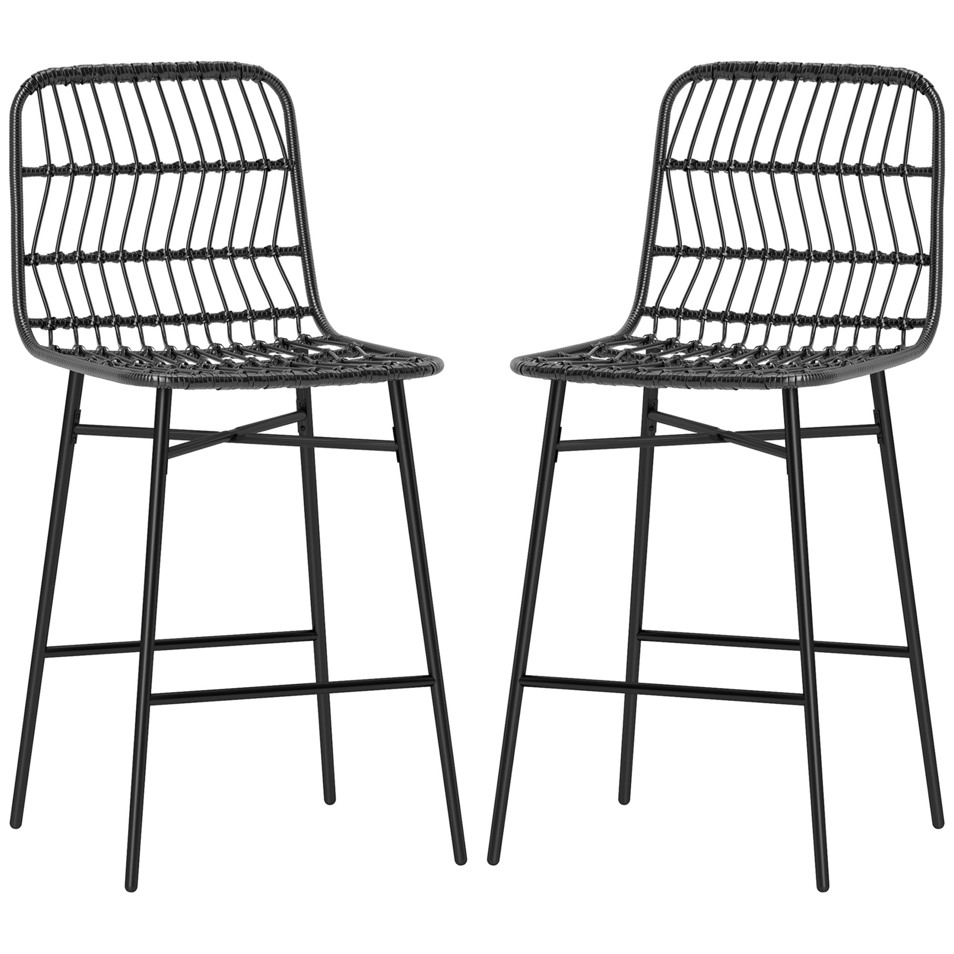 Rattan Counter Bar Stools Set Of 2, 26 Counter Height Barstools With Back, Bar Chairs For Kitchen Island, Black