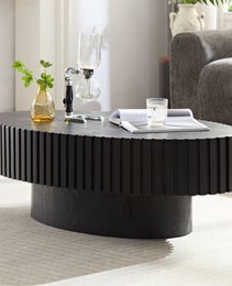 Modern Handcraft Drum Coffee Table Length 43.7 Inch Ellipse Coffee Table For Living Room,Oval Small Coffee Table With Sturdy Pedestal,Black MDF