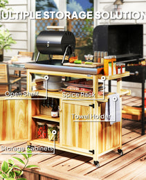 Outdoor Grill Cart w/ Stainless Steel Top, Solid Wood Outdoor Kitchen Island w/ Wheels, Storage Cabinets, Natural Wood