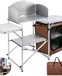 Camping Kitchen Table Picnic Cabinet Folding Cooking Storage Rack Portable Brown