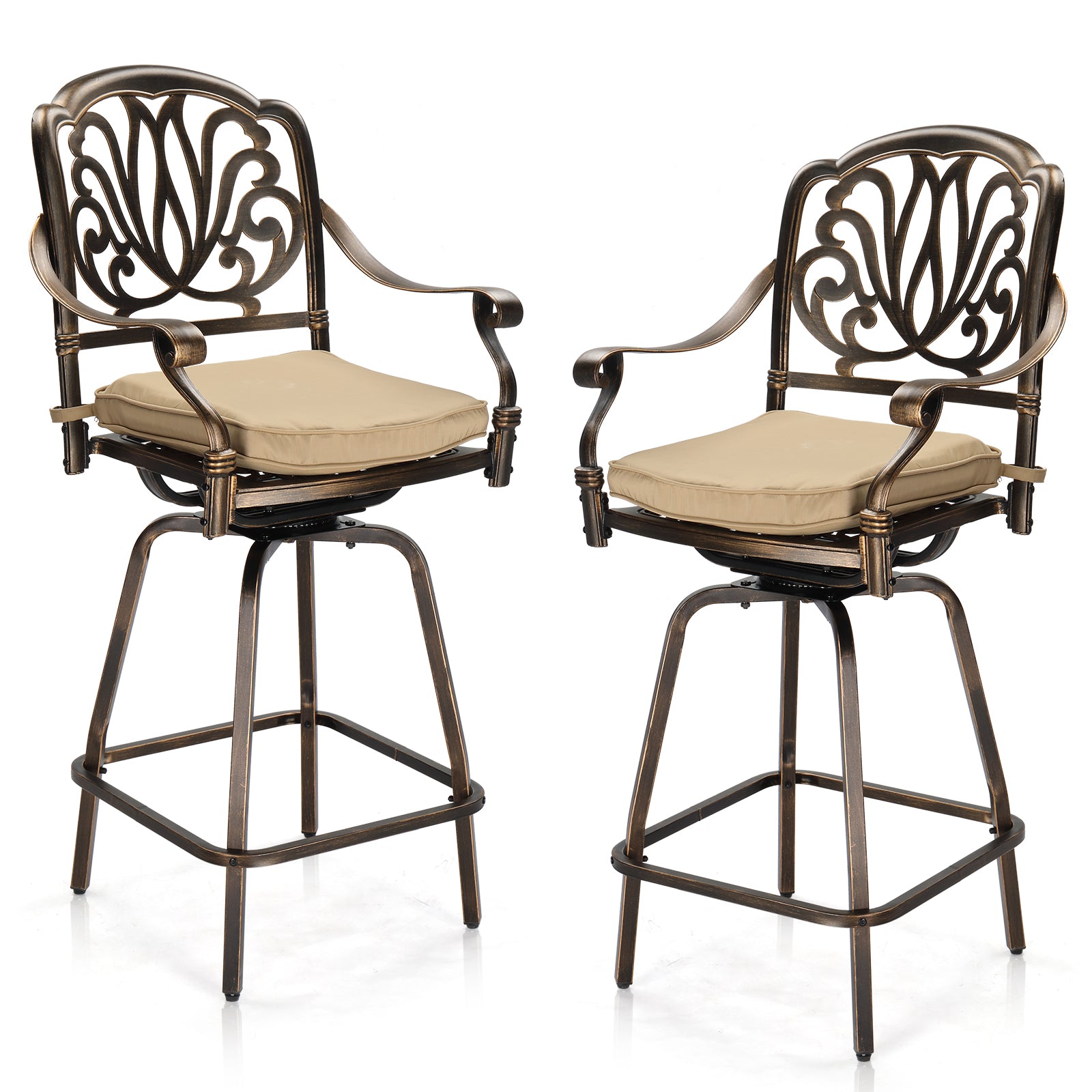 2pcs Bronze Color, Beige Cushion, Cast Aluminum Bar Stool