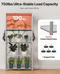 5-Tier Foldable Storage Shelf, 32W X 14D X 72H Inch Folding Metal Rack Shelving Unit, No Assembly Organizer Shelf With 5 Wheels & 4 Hooks For Pantry, Kitchen, Garage, Basement, Grey