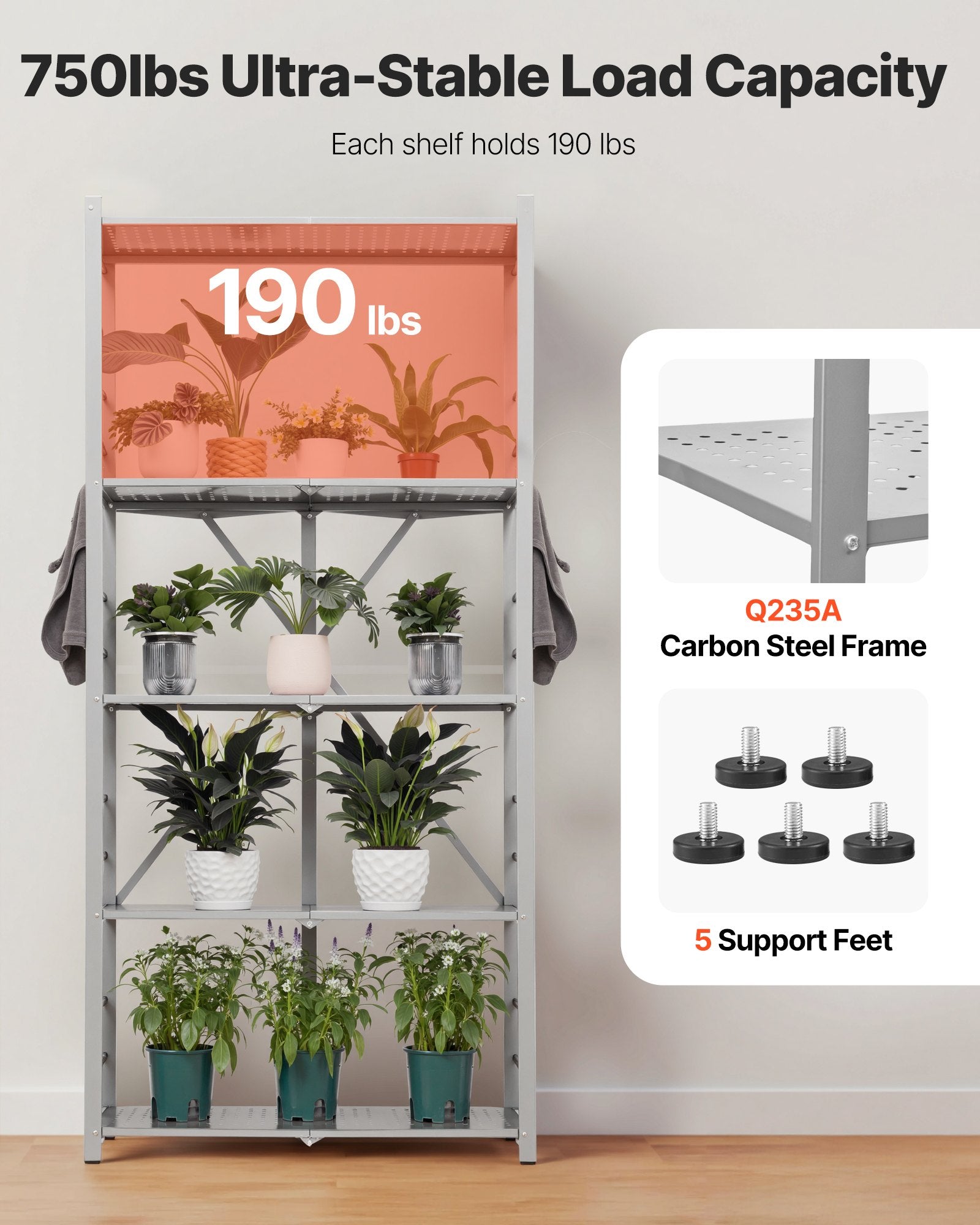 5-Tier Foldable Storage Shelf, 32W X 14D X 72H Inch Folding Metal Rack Shelving Unit, No Assembly Organizer Shelf With 5 Wheels & 4 Hooks For Pantry, Kitchen, Garage, Basement, Grey